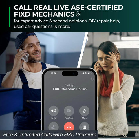 Image showing a mechanic and a woman on phone calls with FIXD Mechanic Hotline displayed on a smartphone screen.