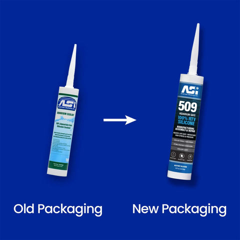 Comparison of old and new packaging for ASI Aquarium Safe 100% RTV Silicone Sealant tubes.