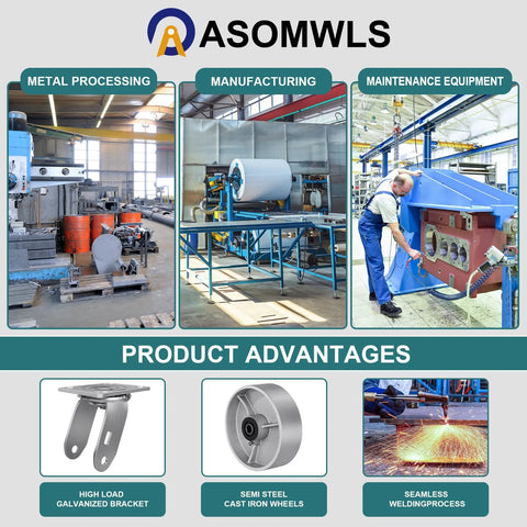 Heavy Duty Industrial Casters 6 x 2 Inch With Cast Iron Wheels And Roller Bearings, Galvanized Steel Hubs, Zinc Plated Yokes