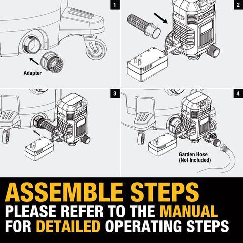 Illustration showing assembly steps for External Pump Accessory for Wet Dry Vacs; includes adapter and garden hose connection.