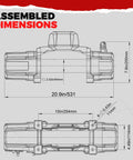 Diagram showing dimensions of 12000lb New Waterproof Electric Steel Rope Winch 12V with Hawse Fairlead for Truck SUV Jeep Trailer