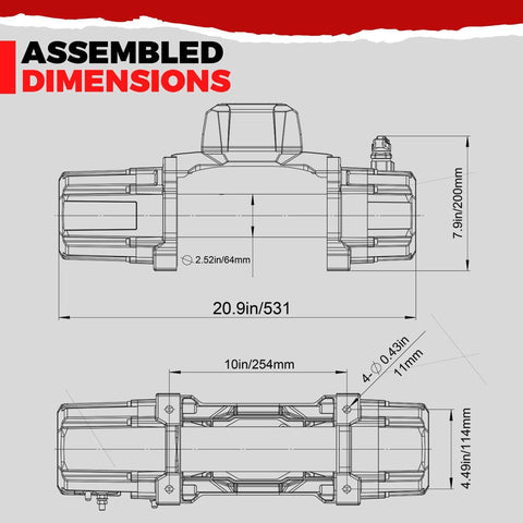 Diagram showing dimensions of 12000lb New Waterproof Electric Steel Rope Winch 12V with Hawse Fairlead for Truck SUV Jeep Trailer