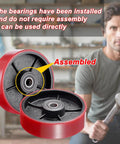 Pallet jack full wheel set assembled with black polyurethane tread on red steel and installed bearings for pallet truck replacement
