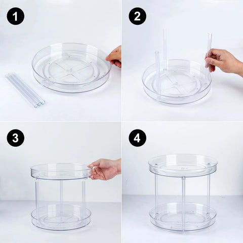 Assembly process of Two Tier Clear Lazy Susan Turntable Organizer With 360 Degree Rotation for Vanity and Bathroom Storage.