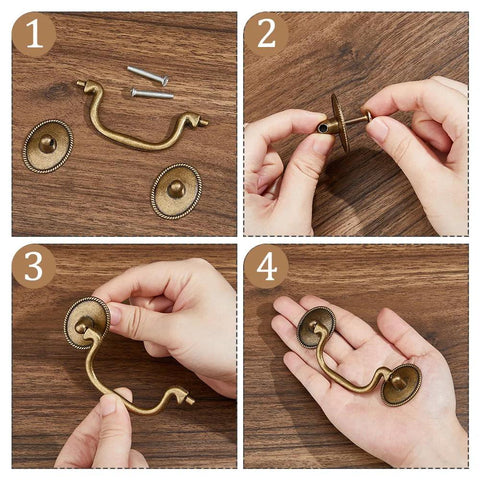 Vintage Bail Pull Handles Set Of 4 Antique Bronze Alloy Drop Pulls being assembled