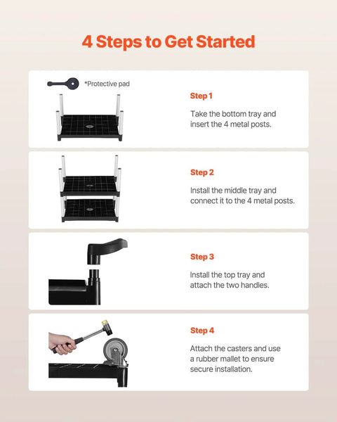 Assembly instructions for Heavy Duty 3 Tier Utility Cart With 360 Degree Swivel Wheels And Brakes, 300 Lb Load Capacity