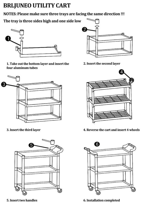 Assembly steps for Heavy Duty 3 Tier Plastic Utility Cart With Wheels For Commercial Kitchen Office And Catering Thirty Nine And A Half Inch Long By Nineteen And A Quarter Inch Wide Rolling Service Cart With Lockable Wheels Six Hundred Pound Capacity Durable Transport Cart.