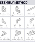 Assembly method for 1220mm EU Standard Anodized 2020 T Slot Aluminum Rail showing connection pieces and fasteners.