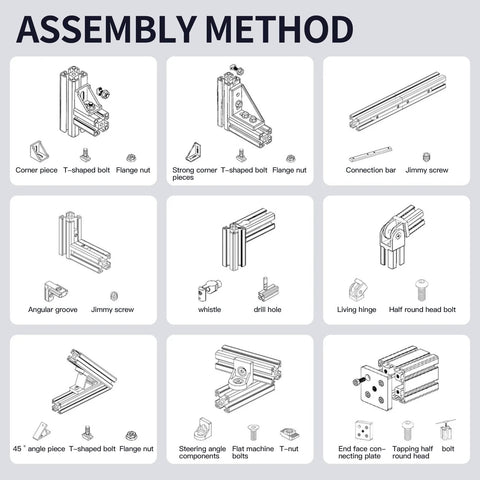 Assembly method for 1220mm EU Standard Anodized 2020 T Slot Aluminum Rail showing connection pieces and fasteners.