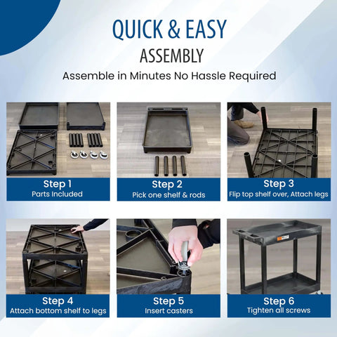 Step-by-step assembly of 32 Inch Tub Storage Cart With Two Shelves Black Built For Maximum Capacity Ergonomic Top Handle And Super Handy Maneuver Four Swivel Casters With Two Locking Brakes Molded Plastic Shelves And Legs Won't Stain Scratch Dent Or Rust