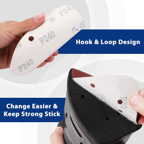 Assorted 150Pcs Mouse Sanding Pads 5 Hole Dust Extraction For Wood Furniture, showing hook and loop attachment design.