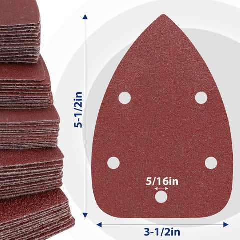 Assorted 150Pcs Mouse Sanding Pads 5 Hole Dust Extraction For Wood Furniture, stack and single pad dimensions displayed