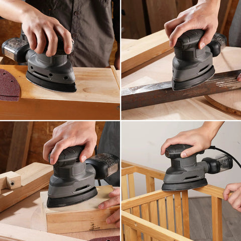 Person using Assorted 150Pcs Mouse Sanding Pads 5 Hole Dust Extraction for Wood Furniture on various wooden surfaces.