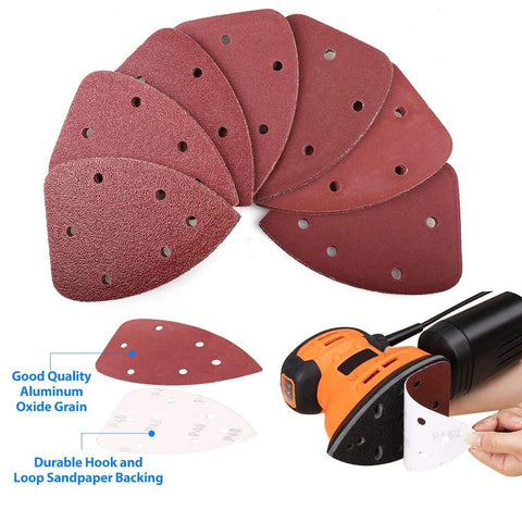 Assorted 70Pcs 140mm Triangle Sanding Pads For Mouse Detail Sander 6 Hole displayed with a sander and highlighted features.