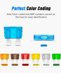 Assorted Standard Blade Fuses Kit For Your Ride 5A 7.5A 10A 15A 20A 25A 30A, focus on color-coded fuses and amp numbers.