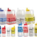 Assorted bottles of fade-resistant ultra-fine blue chalk and other colors for carpentry layout lines, 10.5 oz and larger sizes.