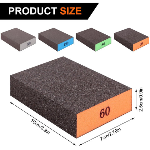 Dimensions and grits of Assorted Grit Sanding Block Set 60 80 120 220 Blocks For Wood Drywall Metal, featuring size and grit labels.