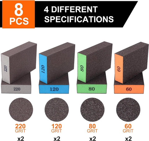 Image showing 8-pack Assorted Grit Sanding Block Set 60 80 120 220 Blocks for Wood Drywall Metal with labeled grits and quantities.