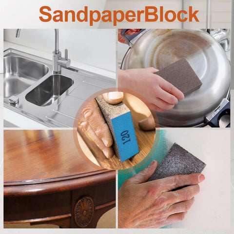 Hands using Assorted Grit Sanding Block Set 60 80 120 220 Blocks For Wood Drywall Metal on various surfaces