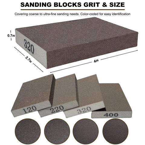Assorted Grit Sanding Sponges Set 120 220 320 400 for wood, metal, and drywall, showing dimensions and grit numbers on each sponge