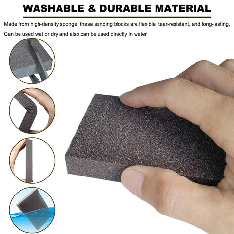 Close-up of high-density sanding sponge from Assorted Grit Sanding Sponges Set 120 220 320 400 for wood, metal, and drywall use.
