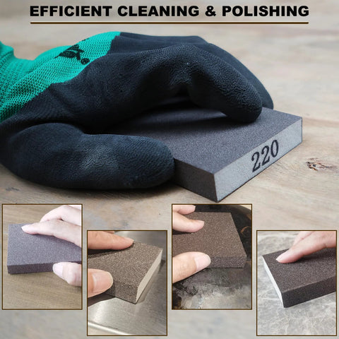 Assorted Grit Sanding Sponges Set 120 220 320 400 For Wood Metal Drywall, close-up of 220 grit sponge in use on hardwood surface.