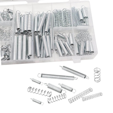 Assorted metal springs in a compartmentalized box for various repair and assembly tasks