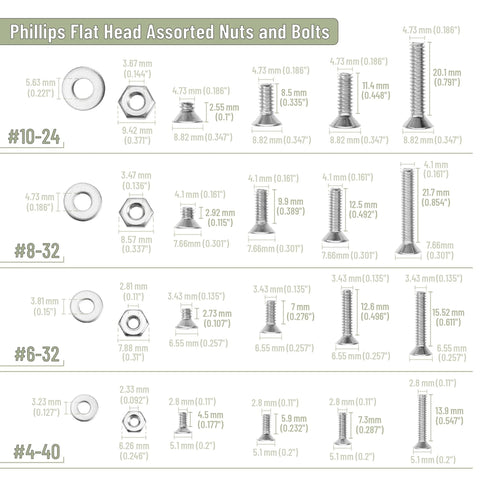 Diagram of Phillips flat head assorted nuts and bolts with sizes for Nuts And Bolts Assortment Kit 900 Pcs Stainless Steel 304 Nuts Bolts Washers Screws Set For Hardware Projects