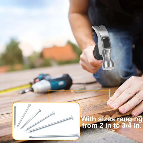 Person using Assorted Picture Nails Kit 700 Pcs With 1 Inch To 2 Inch Finish Nails For Wall Art Decor Drywall And Wood Silver on wood project