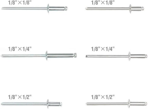 Assorted rivet sizes 1/8" x 1/8" to 1/8" x 1/2" from Pro Grade Heavy Duty Riveter Kit With 120 Assorted Rivets, Portable Manual Pop Rivet Gun.