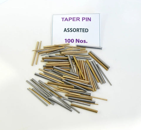 Assorted 100 Piece Taper Pins Set In Steel And Brass For Clock Repairs And Watchmaking displayed with label