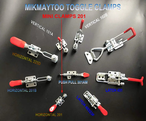Assorted red toggle clamps on black surface, including Small Quick Release Horizontal Toggle Clamp 60 Lbs 27 Kg 8 Pack GH 201