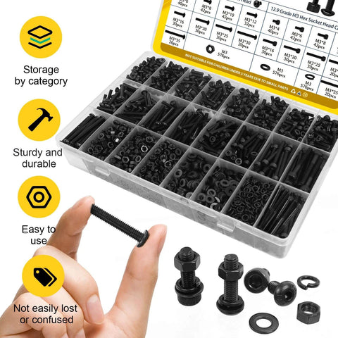 Fgruh 2300PCS M3 Screws with Nuts Assortment Kit in box, shown with hands holding M3 hex socket bolt, ideal for DIY and 3D printer projects.
