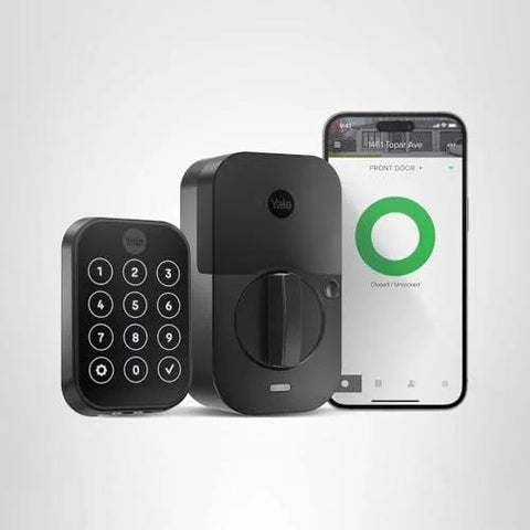Assure Lock 2 Deadbolt With WiFi Keypad For Smart Home Entry Code Entry And Remote Access Keyless Entry Via Keypad And App Auto Lock And DoorSense Fits Doors By Replacing A Standard Deadbolt Easy Installation For Remote Access And WiFi Connectivity shown with smartphone app interface