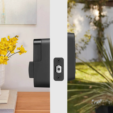Side view of Assure Lock 2 Deadbolt With WiFi Keypad For Smart Home Entry Code Entry And Remote Access Keyless Entry Via Keypad And App Auto Lock And DoorSense Fits Doors By Replacing A Standard Deadbolt Easy Installation For Remote Access And WiFi Connectivity on door