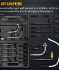 15 ATF adapters from 7.5L Manual Transmission Fluid Transfer Pump Kit arranged in a black toolbox for spill-free fluid transfers.