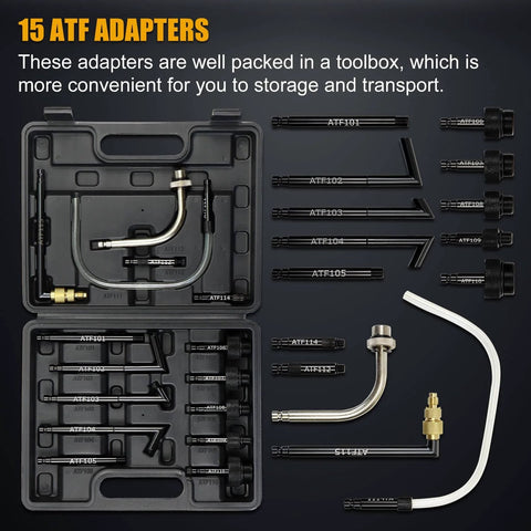 15 ATF adapters from 7.5L Manual Transmission Fluid Transfer Pump Kit arranged in a black toolbox for spill-free fluid transfers.