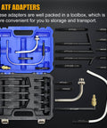 15 ATF adapters and blue toolbox from Automatic Transmission Fluid Transfer Pump Kit With 7.5 Liter Can And 15 ATF Adapters For Audi, Mercedes, VW
