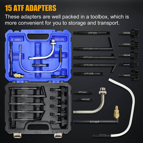 15 ATF adapters and blue toolbox from Automatic Transmission Fluid Transfer Pump Kit With 7.5 Liter Can And 15 ATF Adapters For Audi, Mercedes, VW
