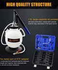 Automatic Transmission Fluid Transfer Pump Kit with 7.5 Liter can and 15 ATF adapters, showing oil canister and adapter case
