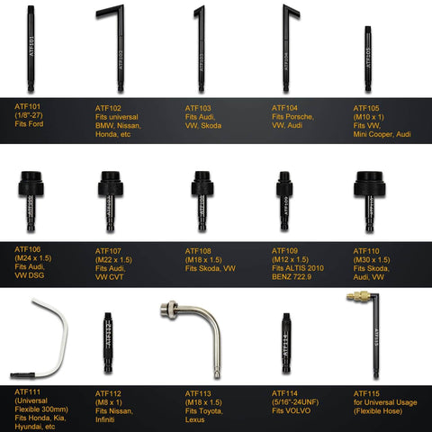 Variety of 15 ATF adapters for the 7.5L Manual Transmission Fluid Transfer Pump Kit for multiple car brands including Audi, Mercedes, VW.
