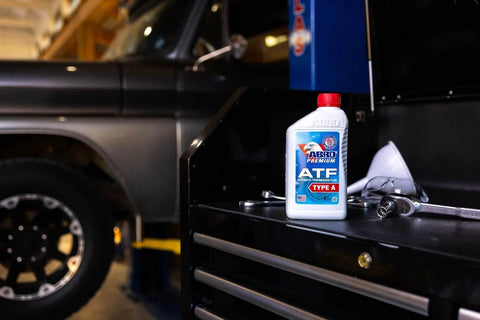 Economical ATF Type A Automatic Transmission Fluid 1 Quart in garage, Budget Friendly, Anti Foam Additive, Red Dye Leak Detector bottle