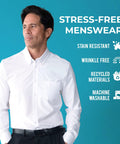Man wearing Athletic Fit White Dress Shirt For Men With 4 Way Stretch Performance, Wrinkle Free And Stain Resistant, Machine Washable