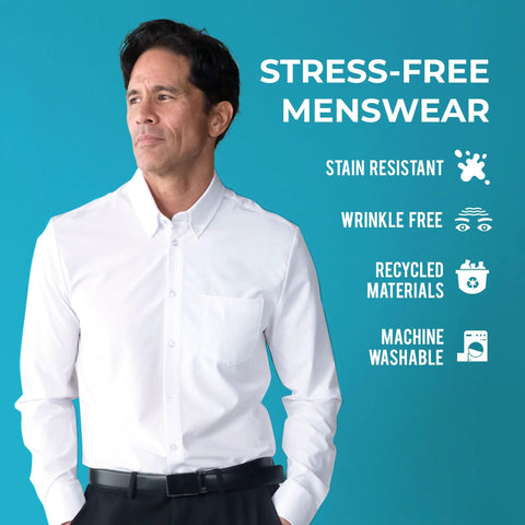 Man wearing Athletic Fit White Dress Shirt For Men With 4 Way Stretch Performance, Wrinkle Free And Stain Resistant, Machine Washable