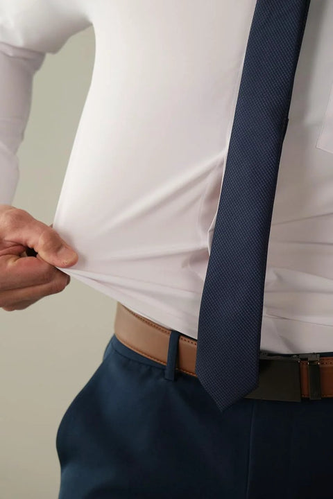 Athletic Fit White Dress Shirt For Men With 4 Way Stretch Performance, Wrinkle Free And Stain Resistant, machine washable close-up