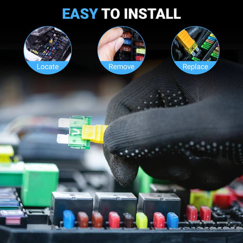 Gloved hand installing a fuse from the ATO And ATC Car Fuse Assortment Kit With 55 Pieces Color Coded Blade Fuses In A 2A To 40A Range.