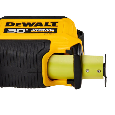 Close-up of Atomic Compact 30 Ft Tape Measure With Finger Brake For Precision And One Hand Quick Measurement, showing blade and brake