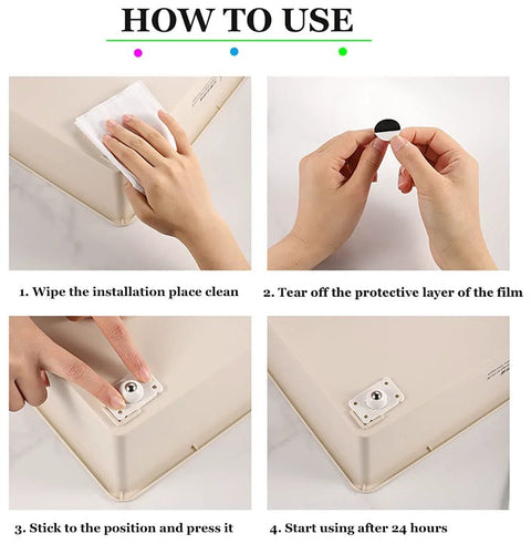 Installation guide for Self-Adhesive Mini Swivel Caster Wheels, 16-Piece Set, showing step-by-step application process.