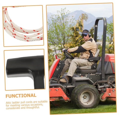 Five Pack Attic Pull Down Cord With Plastic Handle Replacement Kit shown with close-up of rope and handle, man on lawnmower
