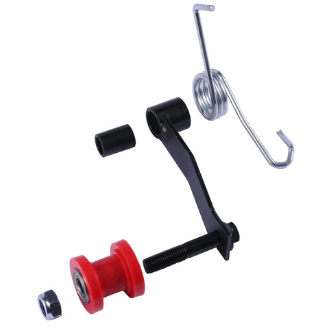 Tough As Nails Chain Slider Tensioner Adjuster Roller Guide For ATV Go Kart 4 Wheeler with spring loaded metal bracket and roller components.